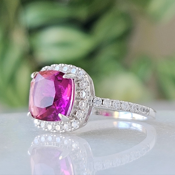 Pink Topaz Cushion Square Gemstone Ring, 925 Sterling Silver Charmed Aroma - Picture 3 of 9